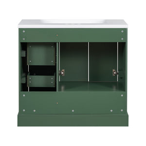 English Elm 36-inch Green Traditional Bathroom Vanity with Resin Sink, 2 Doors 4 Drawers, Gold Handles, Soft-Close hinges, 36"W x 18"D x 34"H SV000026AAF