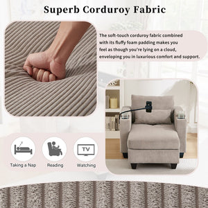English Elm Convertible Chaise Lounge Sofa Chair & Bed - Corduroy With Usb Ports, Cup Holders & Storage Space N719S002021D