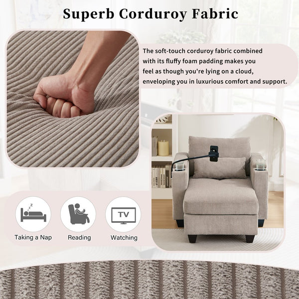 English Elm Convertible Chaise Lounge Sofa Chair & Bed - Corduroy With Usb Ports, Cup Holders & Storage Space N719S002021D