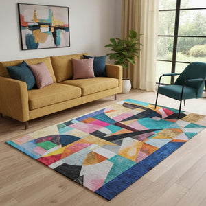 HomeRoots 5' X 8' Vibrant Blue, Orange & Pink Abstract Washable Area Rug with UV Protection for Modern Homes 700351