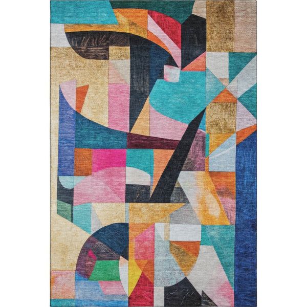 HomeRoots 5' X 8' Vibrant Blue, Orange & Pink Abstract Washable Area Rug with UV Protection for Modern Homes 700351