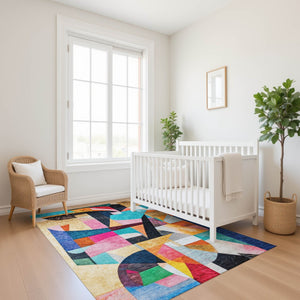 HomeRoots 5' X 8' Vibrant Blue, Orange & Pink Abstract Washable Area Rug with UV Protection for Modern Homes 700351