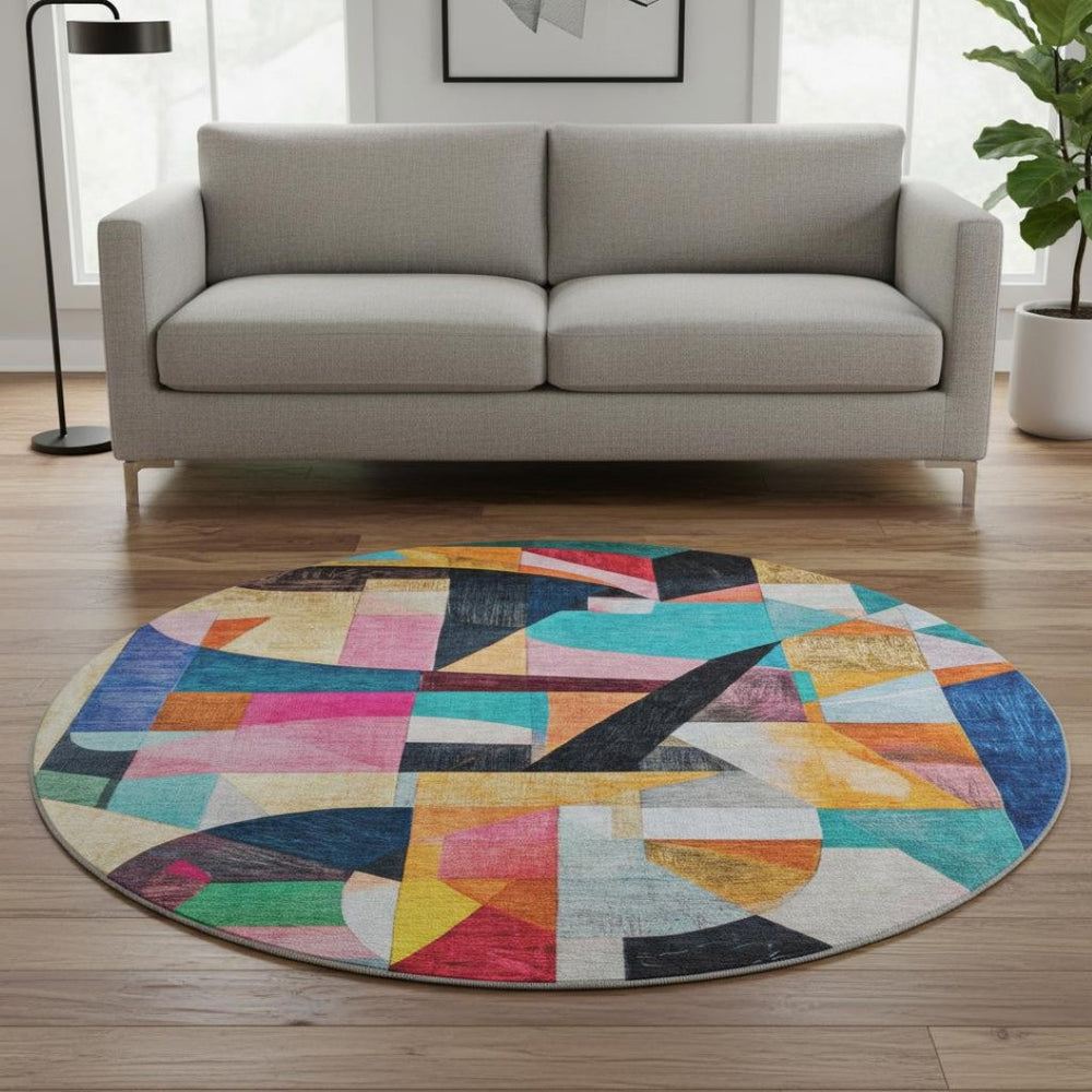 HomeRoots 8' Vibrant Abstract Round Rug in Blue, Orange & Pink – Washable, UV-Protected, Non-Slip Design! 700352