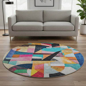 HomeRoots 8' Vibrant Abstract Round Rug in Blue, Orange & Pink – Washable, UV-Protected, Non-Slip Design! 700352