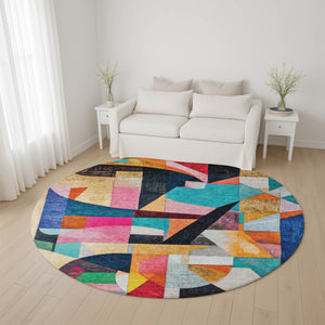 HomeRoots 8' Vibrant Abstract Round Rug in Blue, Orange & Pink – Washable, UV-Protected, Non-Slip Design! 700352