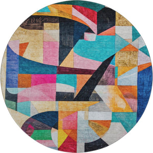HomeRoots 8' Vibrant Abstract Round Rug in Blue, Orange & Pink – Washable, UV-Protected, Non-Slip Design! 700352