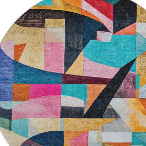 HomeRoots 8' Vibrant Abstract Round Rug in Blue, Orange & Pink – Washable, UV-Protected, Non-Slip Design! 700352
