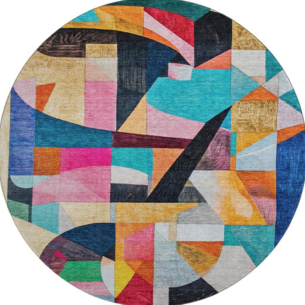 HomeRoots 8' Vibrant Abstract Round Rug in Blue, Orange & Pink – Washable, UV-Protected, Non-Slip Design! 700352