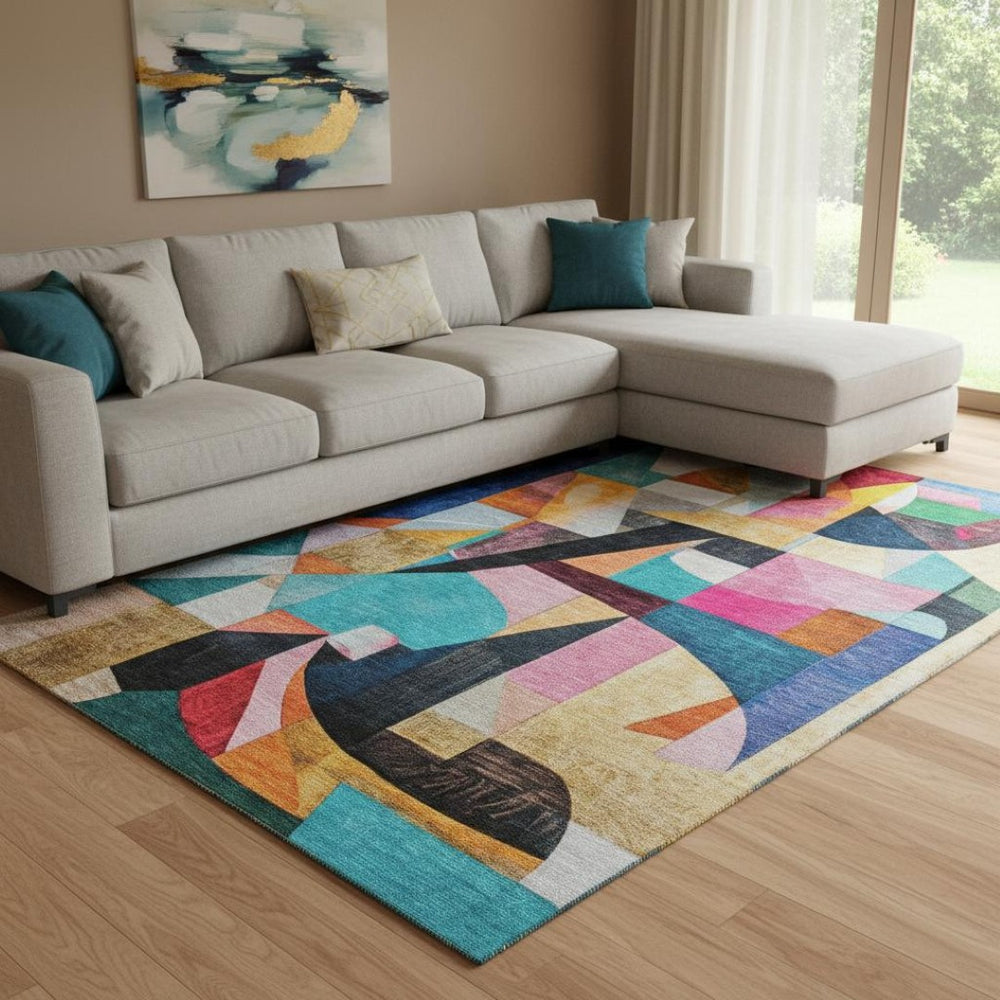 HomeRoots 8' X 10' Vibrant Blue, Orange & Pink Abstract Washable Area Rug with UV Protection for Homes 700353