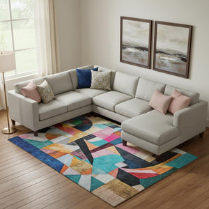 HomeRoots 9' Vibrant Blue, Orange, and Pink Abstract Washable Area Rug with UV Protection for Modern Spaces 700354