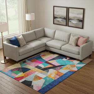 HomeRoots 10' X 14' Vibrant Blue, Orange & Pink Abstract Washable Area Rug - UV Protected for High-Traffic Spaces 700355