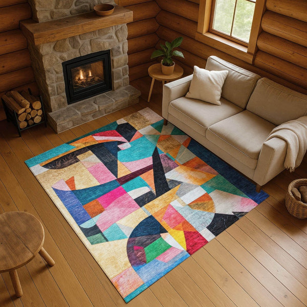 HomeRoots 10' X 14' Vibrant Blue, Orange & Pink Abstract Washable Area Rug - UV Protected for High-Traffic Spaces 700355