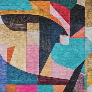 HomeRoots 10' X 14' Vibrant Blue, Orange & Pink Abstract Washable Area Rug - UV Protected for High-Traffic Spaces 700355