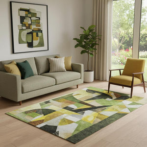 HomeRoots 5' X 8' Washable Abstract Area Rug in Green, Black & Gold - UV Protected, Durable & Stylish Design 700357