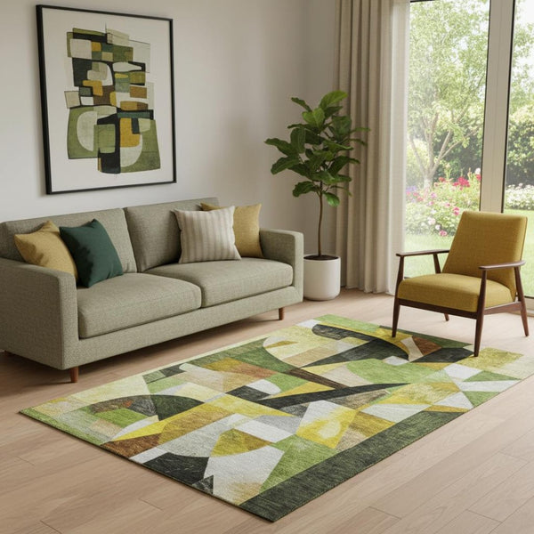 HomeRoots 5' X 8' Washable Abstract Area Rug in Green, Black & Gold - UV Protected, Durable & Stylish Design 700357