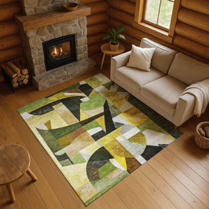 HomeRoots 5' X 8' Washable Abstract Area Rug in Green, Black & Gold - UV Protected, Durable & Stylish Design 700357