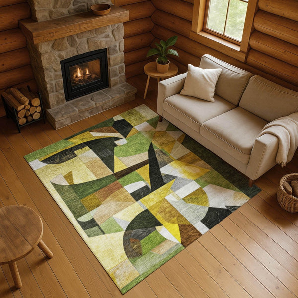 HomeRoots 5' X 8' Washable Abstract Area Rug in Green, Black & Gold - UV Protected, Durable & Stylish Design 700357
