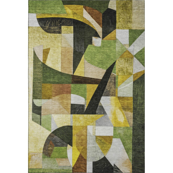 HomeRoots 5' X 8' Washable Abstract Area Rug in Green, Black & Gold - UV Protected, Durable & Stylish Design 700357