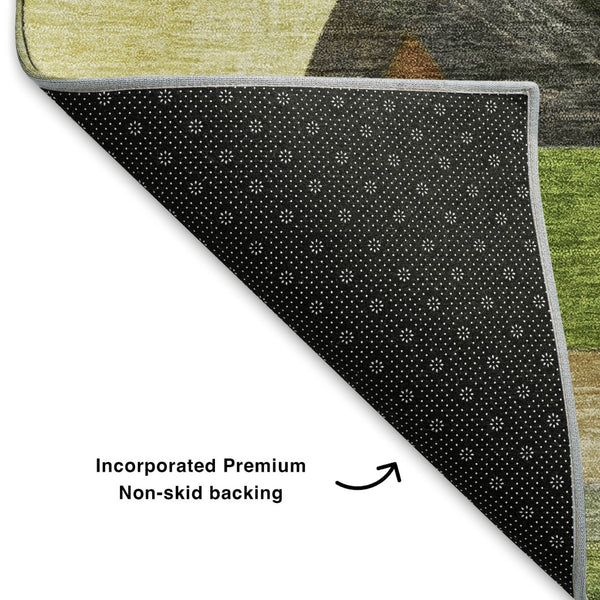 HomeRoots 5' X 8' Washable Abstract Area Rug in Green, Black & Gold - UV Protected, Durable & Stylish Design 700357