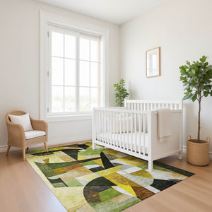 HomeRoots 5' X 8' Washable Abstract Area Rug in Green, Black & Gold - UV Protected, Durable & Stylish Design 700357