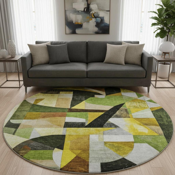 HomeRoots 8' Green Black and Gold Abstract Round Area Rug – Washable, UV Protected, Pet-Friendly Design! 700358