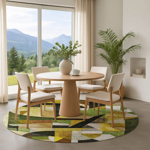 HomeRoots 8' Green Black and Gold Abstract Round Area Rug – Washable, UV Protected, Pet-Friendly Design! 700358
