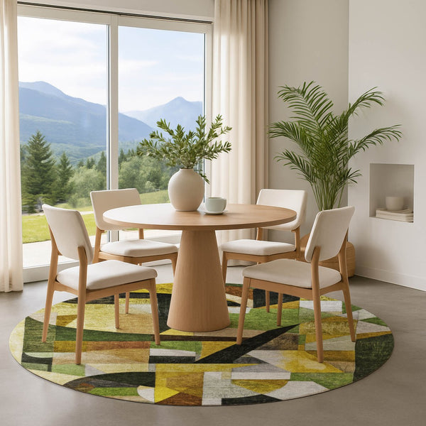 HomeRoots 8' Green Black and Gold Abstract Round Area Rug – Washable, UV Protected, Pet-Friendly Design! 700358