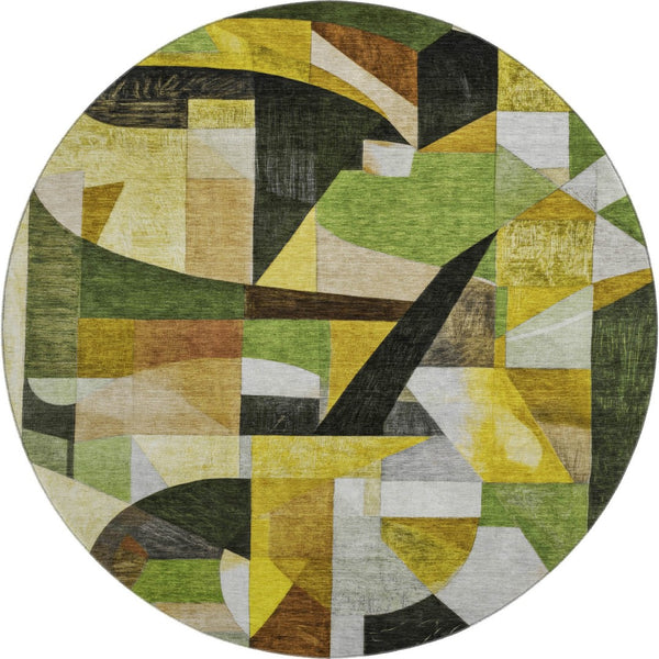 HomeRoots 8' Green Black and Gold Abstract Round Area Rug – Washable, UV Protected, Pet-Friendly Design! 700358