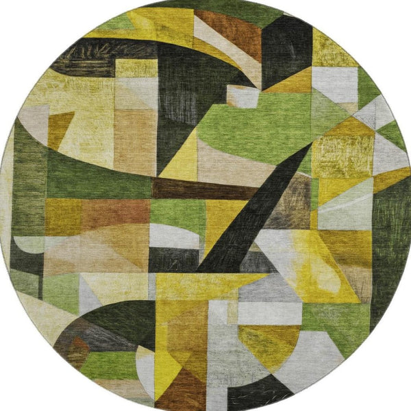 HomeRoots 8' Green Black and Gold Abstract Round Area Rug – Washable, UV Protected, Pet-Friendly Design! 700358