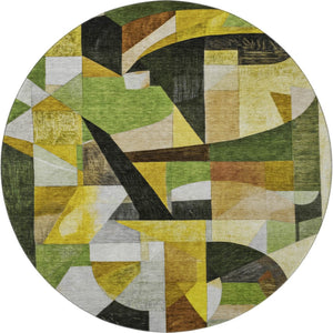 HomeRoots 8' Green Black and Gold Abstract Round Area Rug – Washable, UV Protected, Pet-Friendly Design! 700358