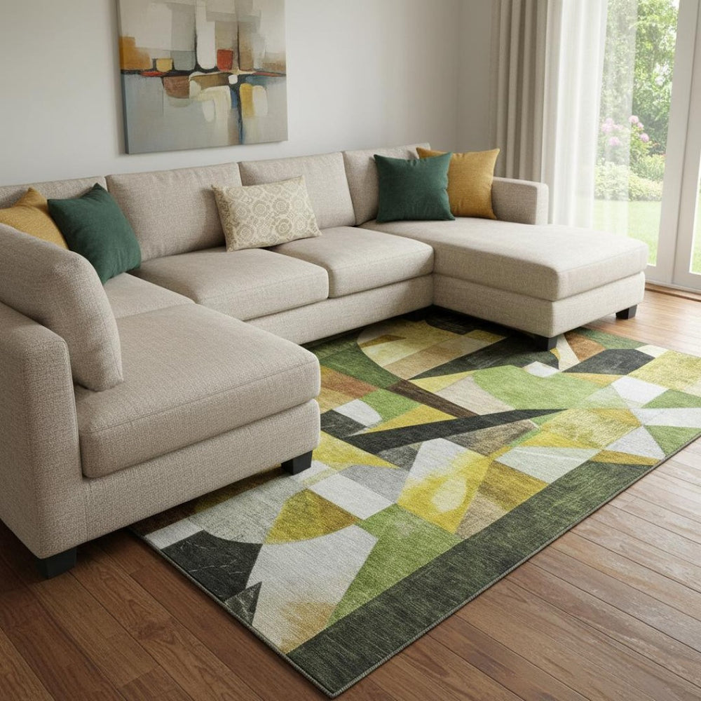 HomeRoots 8' X 10' Modern Abstract Green, Black & Gold Washable Area Rug with UV Protection & Non-Slip Backing 700359