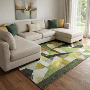 HomeRoots 8' X 10' Modern Abstract Green, Black & Gold Washable Area Rug with UV Protection & Non-Slip Backing 700359