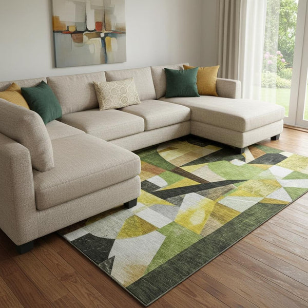 HomeRoots 8' X 10' Modern Abstract Green, Black & Gold Washable Area Rug with UV Protection & Non-Slip Backing 700359