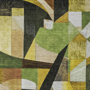 HomeRoots 8' X 10' Modern Abstract Green, Black & Gold Washable Area Rug with UV Protection & Non-Slip Backing 700359