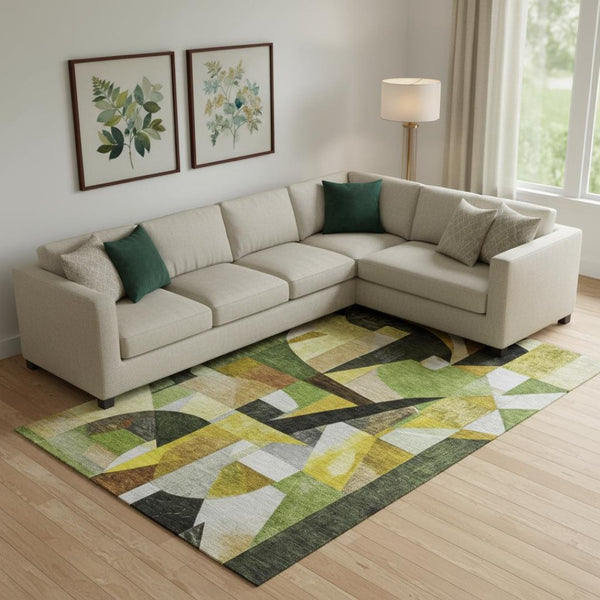 HomeRoots 9' X 12' Abstract Area Rug in Green, Black, and Gold - Washable, UV-Protected, Non-Slip Design for Modern Spaces 700360