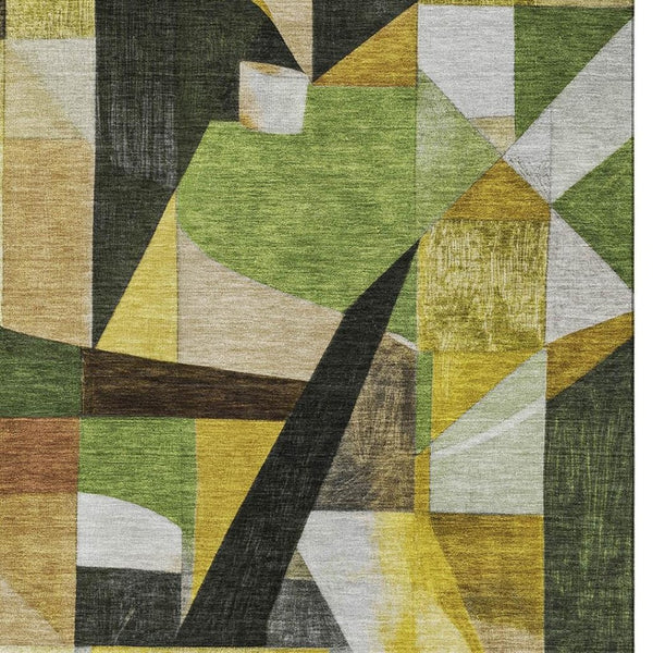 HomeRoots 9' X 12' Abstract Area Rug in Green, Black, and Gold - Washable, UV-Protected, Non-Slip Design for Modern Spaces 700360