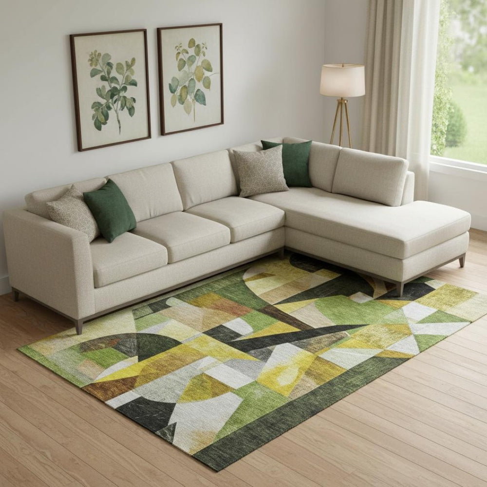 HomeRoots 10' X 14' Abstract Washable Area Rug - Green, Black & Gold, UV Protected, Non-Slip for Busy Homes 700361
