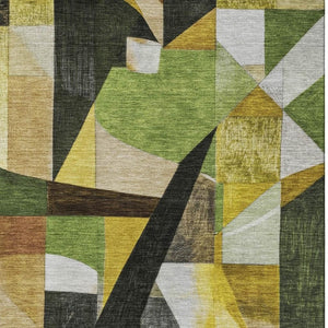 HomeRoots 10' X 14' Abstract Washable Area Rug - Green, Black & Gold, UV Protected, Non-Slip for Busy Homes 700361