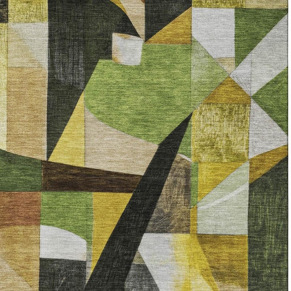 HomeRoots 10' X 14' Abstract Washable Area Rug - Green, Black & Gold, UV Protected, Non-Slip for Busy Homes 700361