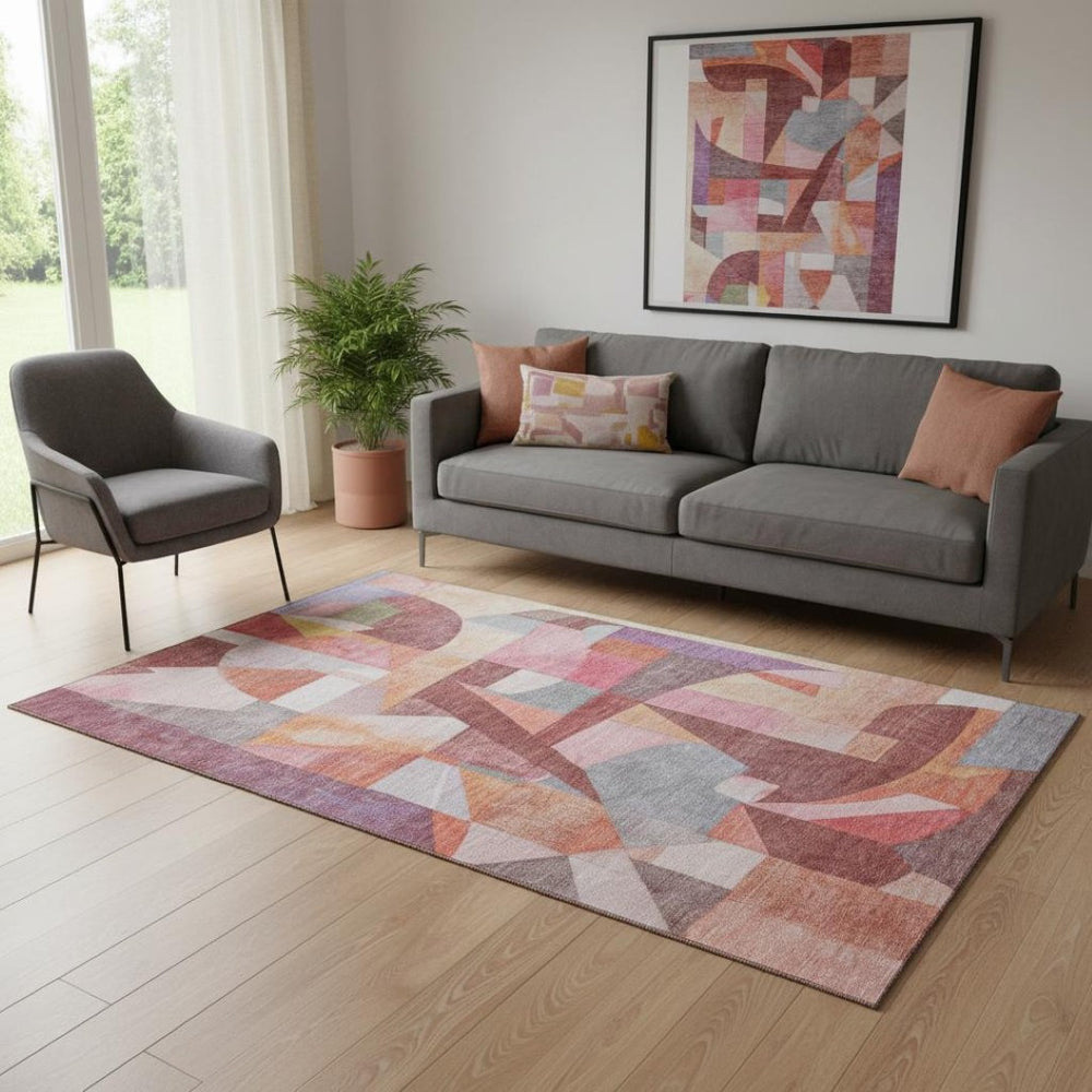 HomeRoots 5' X 8' Abstract Washable Area Rug in Rust Pink & Purple – UV Protected, Non-Slip for High Traffic Areas 700363