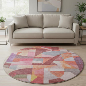 HomeRoots 8' Washable Round Rug in Rust Pink & Purple Abstract Design – Durable, UV-Protected, & Soft Underfoot 700364