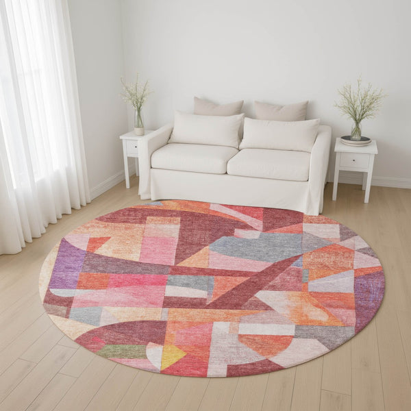 HomeRoots 8' Washable Round Rug in Rust Pink & Purple Abstract Design – Durable, UV-Protected, & Soft Underfoot 700364