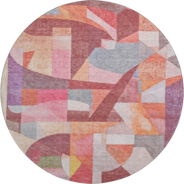 HomeRoots 8' Washable Round Rug in Rust Pink & Purple Abstract Design – Durable, UV-Protected, & Soft Underfoot 700364