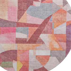 HomeRoots 8' Washable Round Rug in Rust Pink & Purple Abstract Design – Durable, UV-Protected, & Soft Underfoot 700364