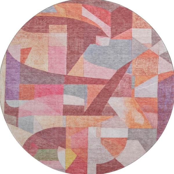 HomeRoots 8' Washable Round Rug in Rust Pink & Purple Abstract Design – Durable, UV-Protected, & Soft Underfoot 700364