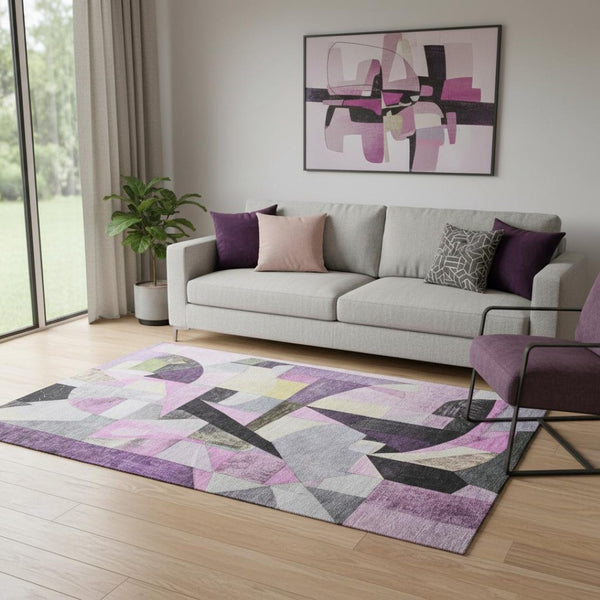 HomeRoots 5' X 8' Abstract Area Rug in Purple, Black & Yellow – Washable, Stain Resistant, UV Protected Design 700369