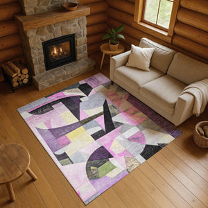 HomeRoots 5' X 8' Abstract Area Rug in Purple, Black & Yellow – Washable, Stain Resistant, UV Protected Design 700369