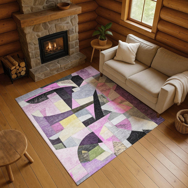 HomeRoots 5' X 8' Abstract Area Rug in Purple, Black & Yellow – Washable, Stain Resistant, UV Protected Design 700369