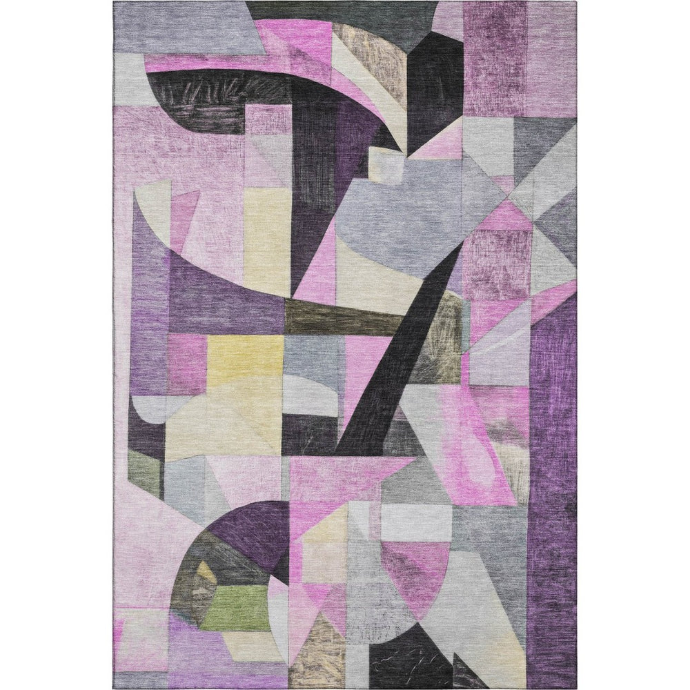 HomeRoots 5' X 8' Abstract Area Rug in Purple, Black & Yellow – Washable, Stain Resistant, UV Protected Design 700369