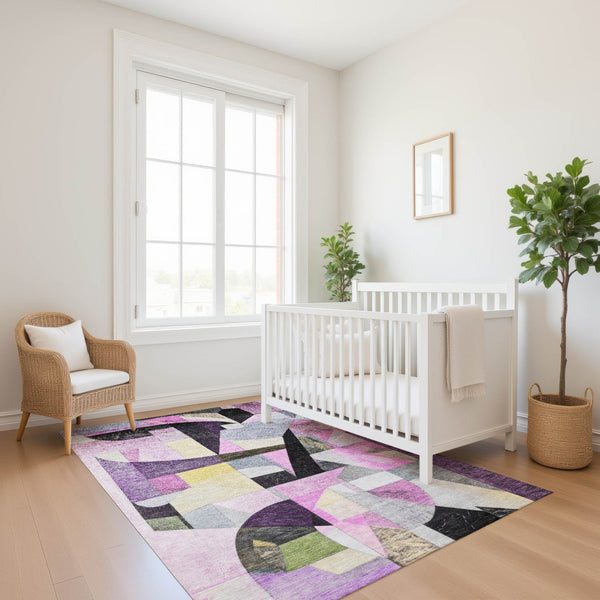 HomeRoots 5' X 8' Abstract Area Rug in Purple, Black & Yellow – Washable, Stain Resistant, UV Protected Design 700369